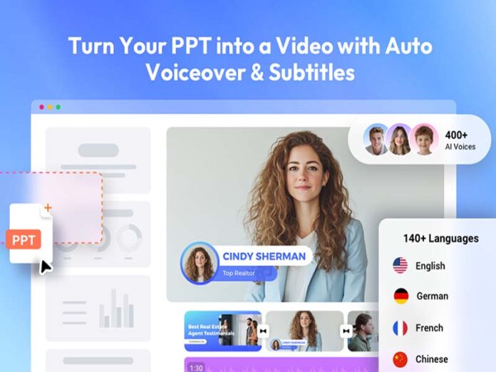 FlexClip AI PPT to Video Converter interface transforming PowerPoint slides into video